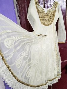 Elegant White &amp; Gold Embroidered Anarkali Dress