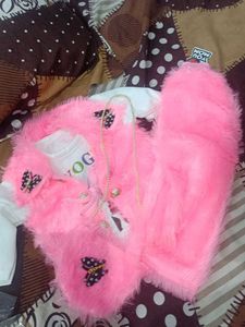Pink Fur Jacket with Butterfly Detail