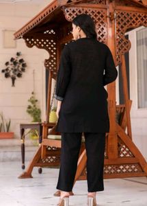 Elegant Black Kurta Set with White Embroidery