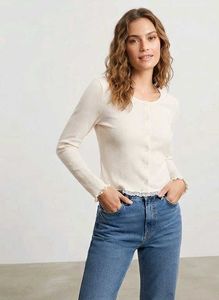 Cream Ribbed Cardigan with Lace Trim