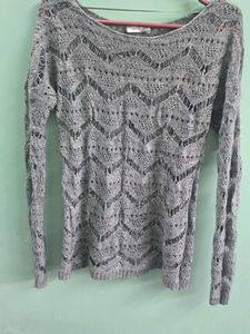 Chic Grey Crochet Knit Sweater