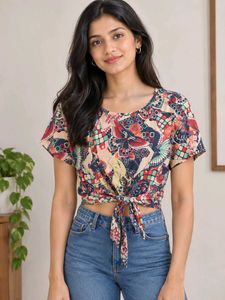 Vibrant Butterfly Print Tie-Front Top