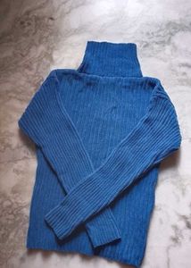 Blue Turtleneck Ribbed Sweater