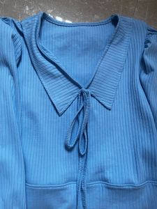 Blue Ribbed V-Neck Tie Top