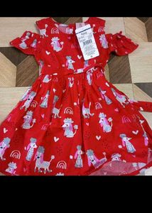 4-6 year Cute Red Dog Print Cold Shoulder Dress