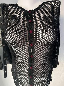 Black Crochet Button-Up Top