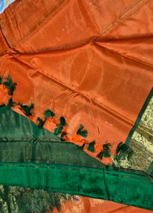 Vibrant Orange &amp; Green Saree with Gold Border