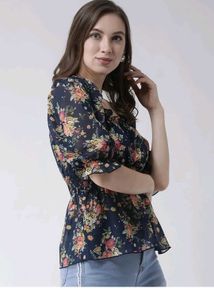 Navy Floral Smocked Peplum Top