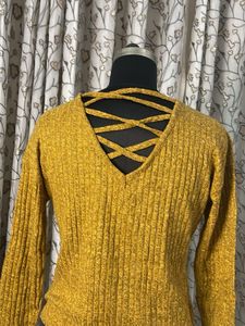 Yellow Ribbed Tie-Front Top