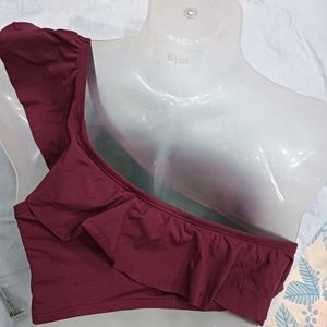 Maroon One🤎-Shoulder Ruffle Bikini Top