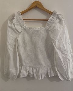 White Smocked Square Neck Top