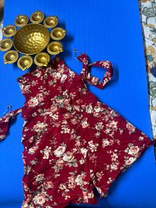 Maroon Floral Print Ethnic short dangree