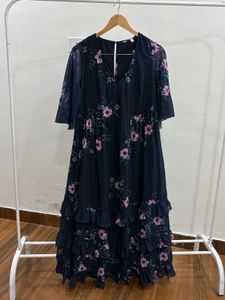 Indigo blue Floral Ruffle hem Midi Dress