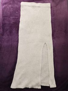 Elegant Cream Ribbed Full Length Slit Skirt