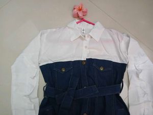 Women's White &amp; Blue Denim Shirt Dress | Belted |