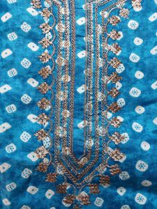 Blue Printed Kurta Set with Embellishment(unstitch