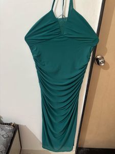 Elegant Teal Ruched Halter Neck Dress