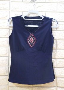 Navy Blue Embellished V-Neck Sleeveless Top