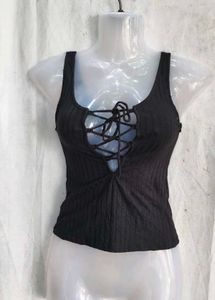 Black Lace-Up Ribbed Tank Top