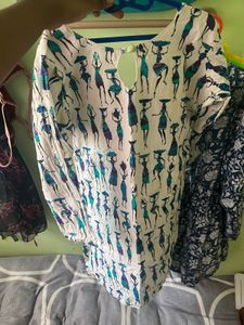 White Kurta with Folk Art Print