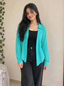 Chic Teal Oversized Button-Up Shirt