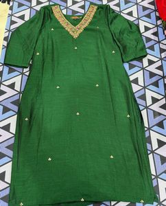Elegant Green Kurta with Embellished Neckline