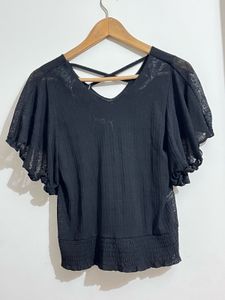 Chic Black Criss-Cross Back Puff Sleeve Top