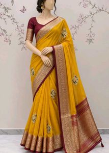 Elegant Yellow Silk Saree with Maroon Border