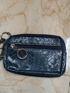 Blue Woven Zipper Pouch with Keychain