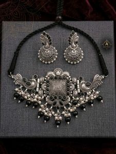 Oxidized Silver Peacock Jhumka Set