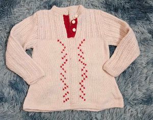 Handmade wollen white Sweater with Red Detail