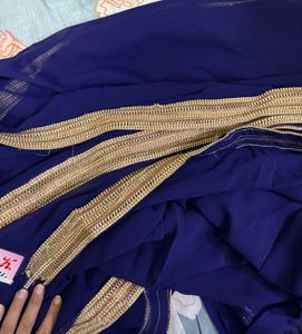 Navy Blue Saree With Border And wit Blouse Fabric