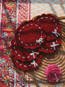 Crochet Coasters Red with white bow