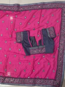 pink net mirror work sareee with blouse