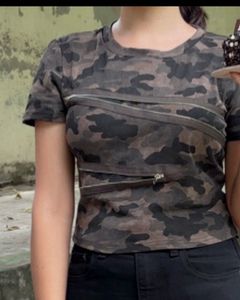 Camouflage Cropped Top with Zipper Detail