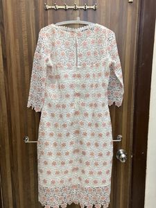 Chikankari White And Peach Kurti