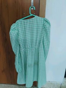 Mint Green Checkered Puff Sleeve Dress