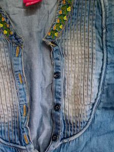 Denim Dress with Floral Embroidery