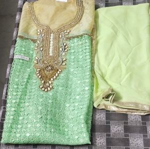 Green Embroidered Suit With Dupatta And Satan Lining