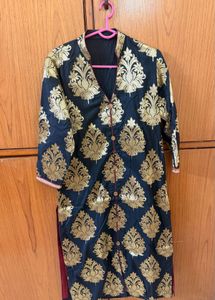 Banarsi Silk Black Print Kurta with Maroon