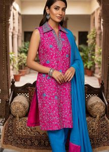 Vibrant Pink Kurta Set with Blue Dupatta