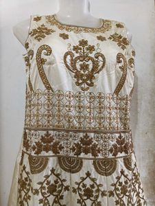 Elegant Cream &amp; Brown Patterned Dress