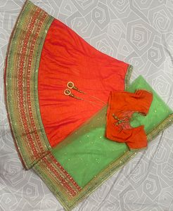 Peach and Green Embroidered Lehenga Set (Size 2XL)