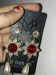 Stunning Red &amp; Pearl Dangle Earrings