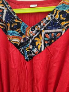Vibrant Red Kaftan Dress with Bohemian Print