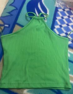 Green Halter Neck Ribbed Crop Top