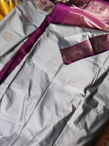 Elegant Grey Silk Saree with Purple Zari Border