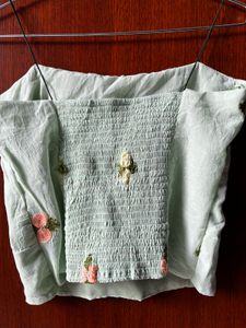 Cute Mint Green Crop Top with Floral Embroidery