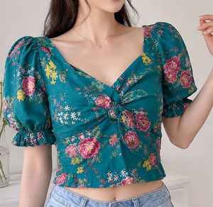Green Floral Puff Sleeve Crop Top | Front Knot