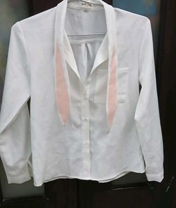 White Button-Up Shirt with Pink Bunny Ear Accents